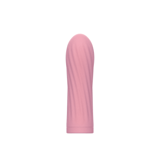 Pink Bullie bullet vibrator med rillet silikoneoverflade på transparent baggrund