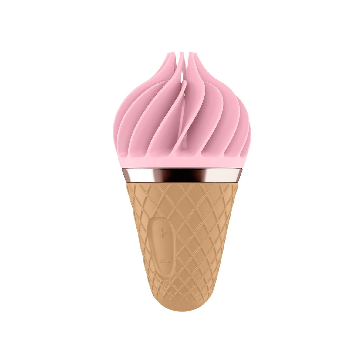 Satisfyer Sweet Treat roterende klitoris stimulator i lyserød og brun, formet som en is i vaffel