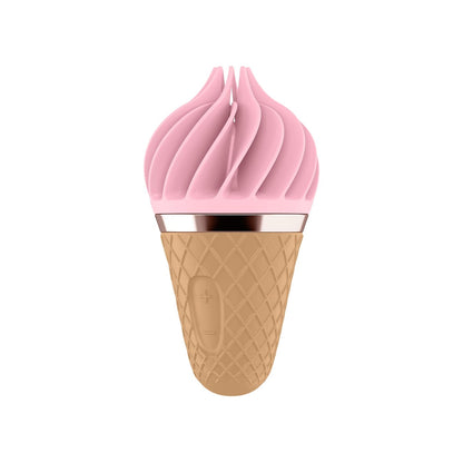 Satisfyer Sweet Treat roterende klitoris stimulator i lyserød og brun, formet som en is i vaffel