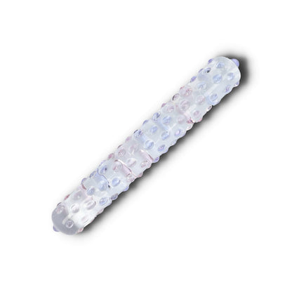 nubret glas dildo i rosa og lilla set fra siden